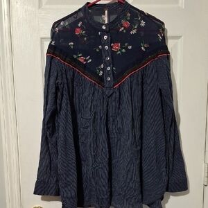 Free People Blue Long Sleeve Embellished Blouse